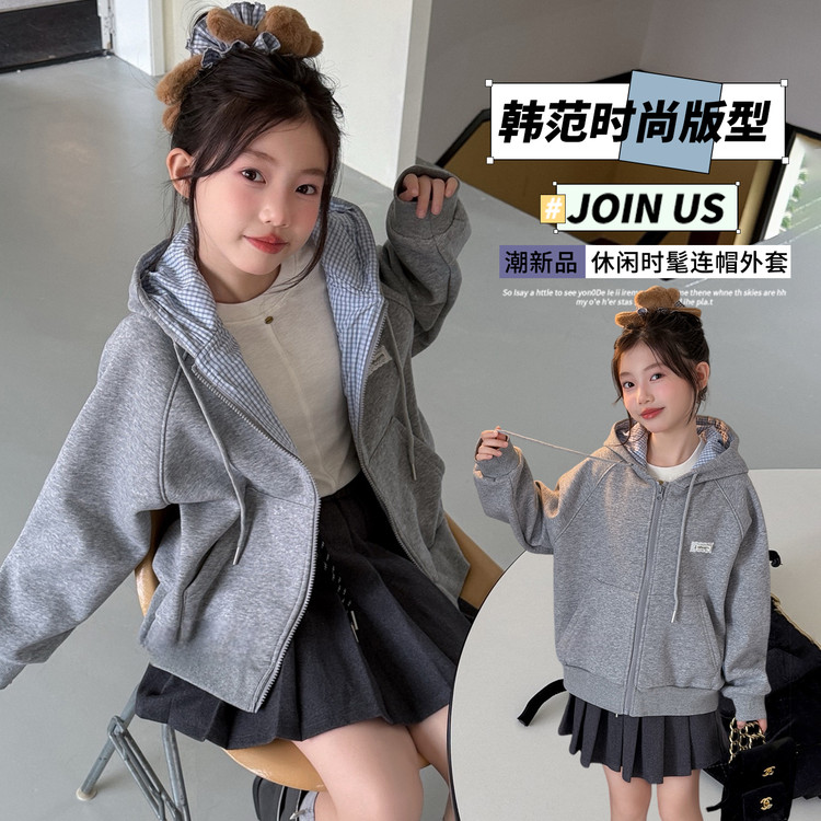 女童秋季连帽拉链外套休闲宽松洋气韩版棉质洋气儿童秋装韩版上衣