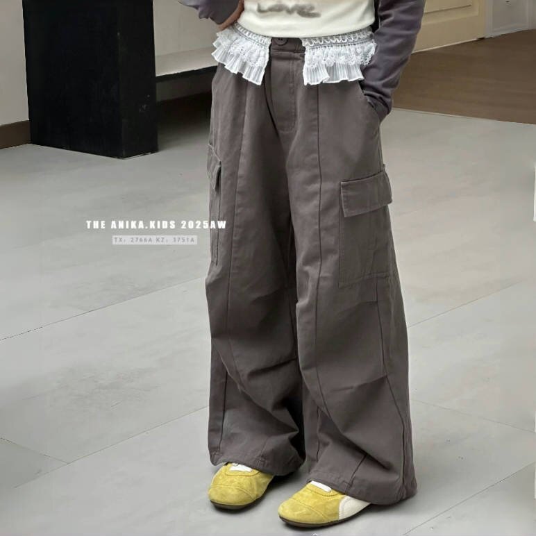 女童工装裤复古花边女童裤子2025秋装新款儿童阔腿裤春秋休闲裤潮