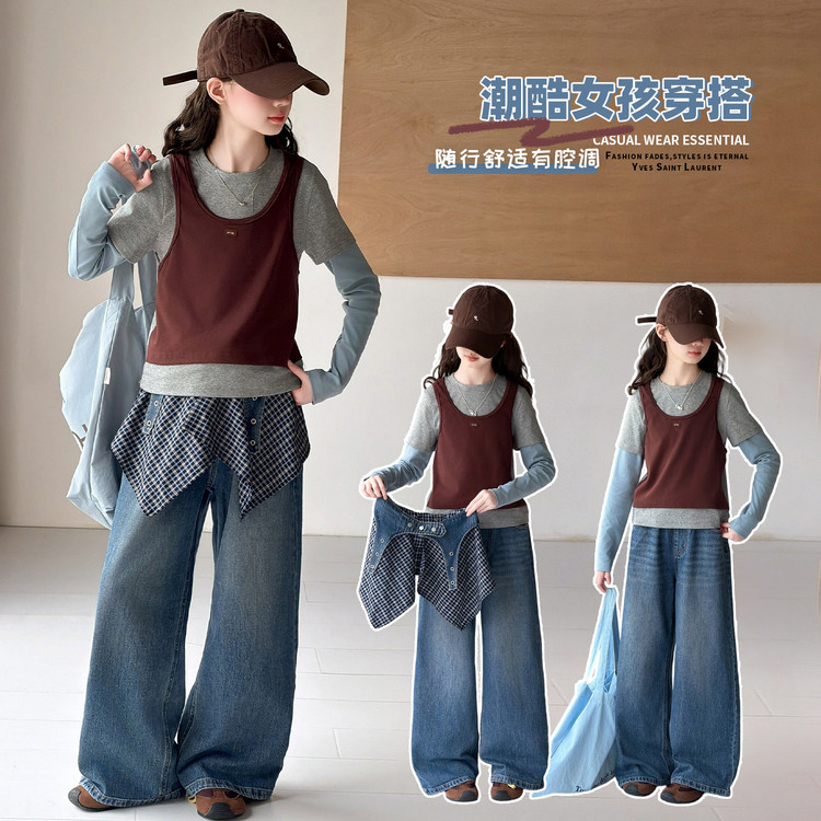 女童秋韩系假两件T恤牛仔裤套装图片