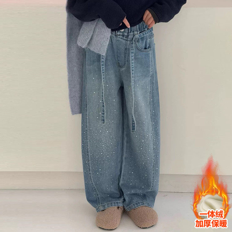 女童春季牛仔裤2025冬季新款初中生满天星烫钻阔腿裤儿童加绒裤子,童装/婴儿装/亲子装,裤子,淘宝优惠券,粉丝福利购,淘宝优惠卷