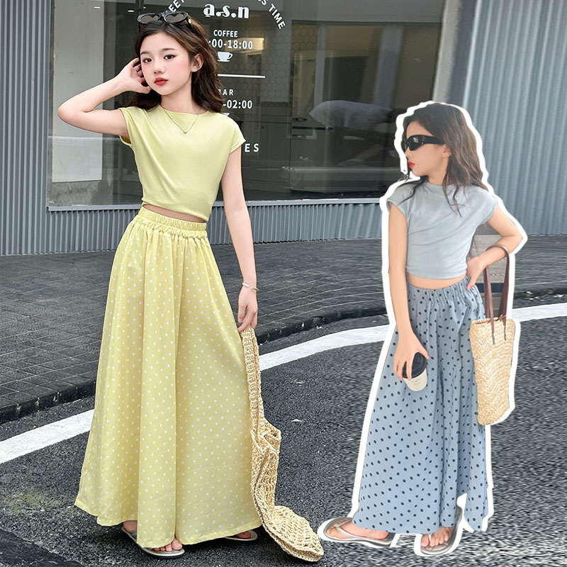 女童夏季短T裙裤套装2025新款韩版修身上衣波点阔腿裤中大童裙裤