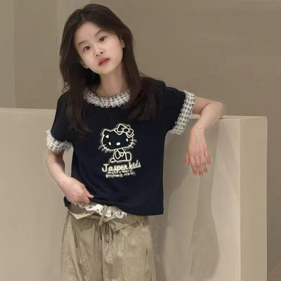 女童2025新款洋气蕾丝kt猫T恤潮