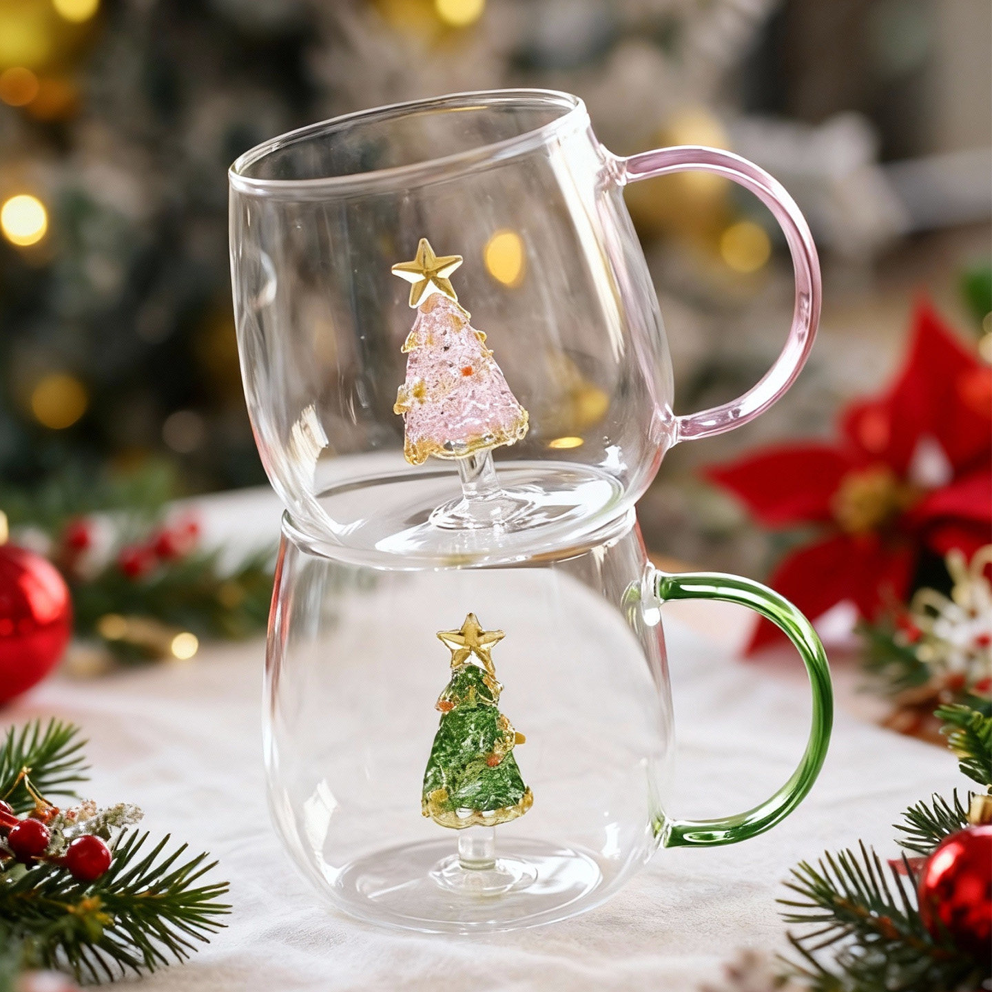 泽滕家圣诞风玻璃杯子咖啡拿铁杯