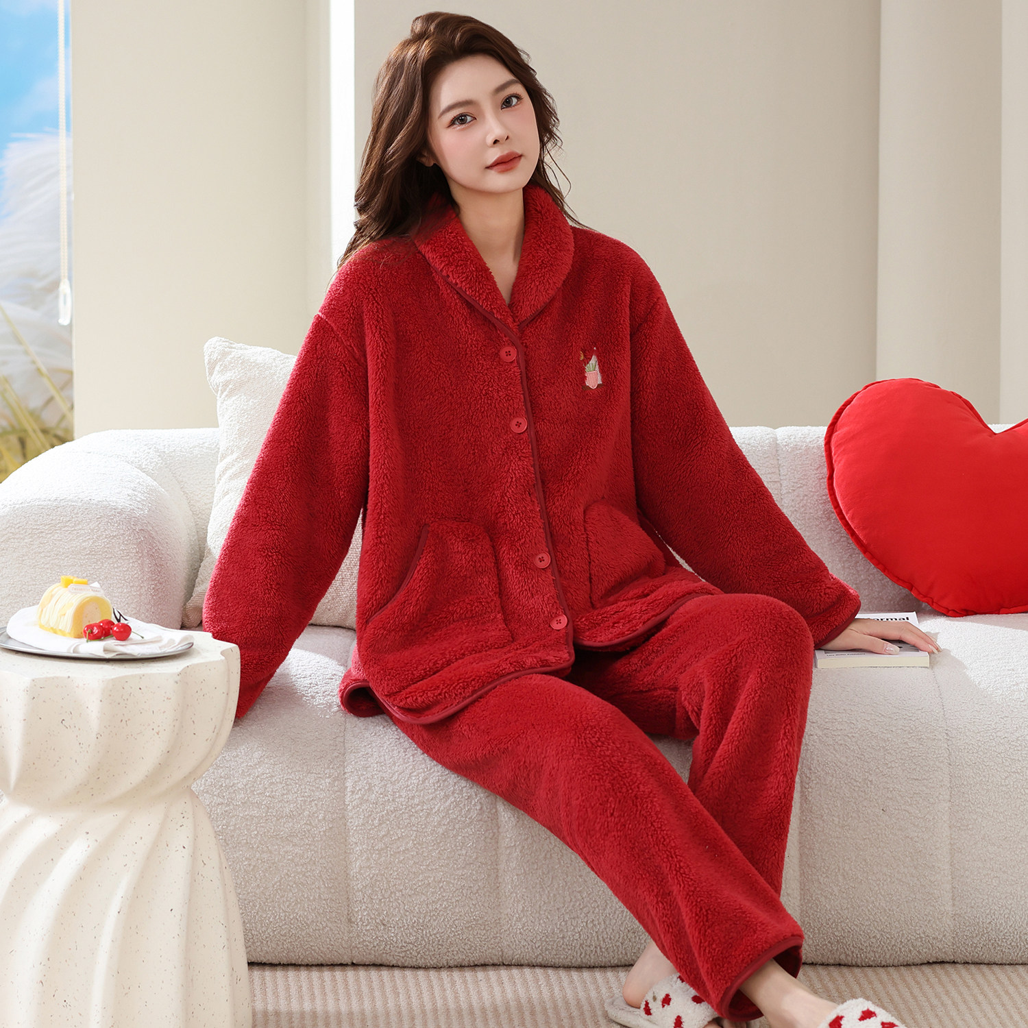 秋冬女款休闲妈妈装两件套加绒加睡衣/家居服套装