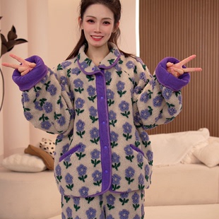 秋冬季新款女士睡衣两件套加绒加厚双层复合可外穿休闲家居服套装