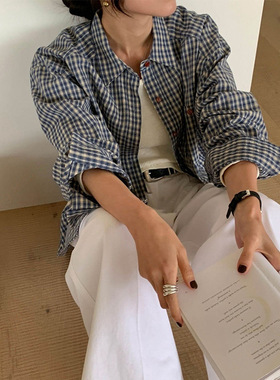 韩国东大门sign*ture休闲宽松复古蓝色格子长袖衬衣防晒衬衫春夏
