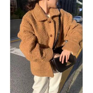 韩国东大门oun*ce 复古美拉德翻领圈圈毛宽松羊毛大衣外套秋冬女