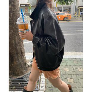 机车外套春 显瘦翻领插肩袖 韩国东大门Eth s复古宽松黑色皮衣夹克