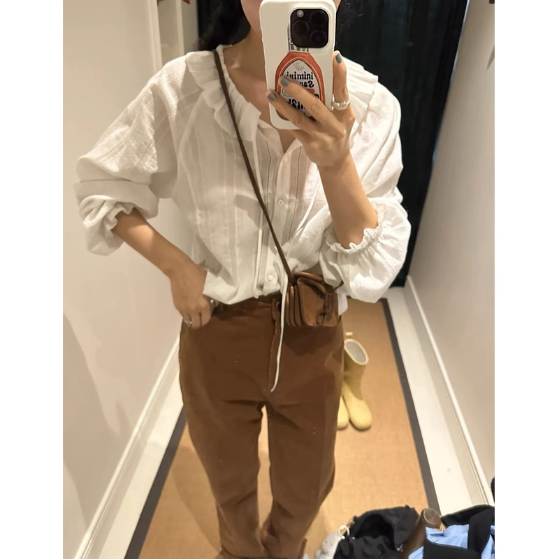 Y标/gao品质 韩国东大门博主款八奶宽松荷叶边系带白色长袖衬衫