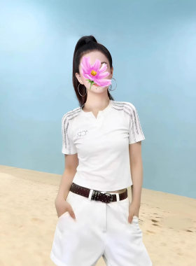 夏季新款白色V领短袖T恤修身显瘦烫钻运动休闲上衣女款
