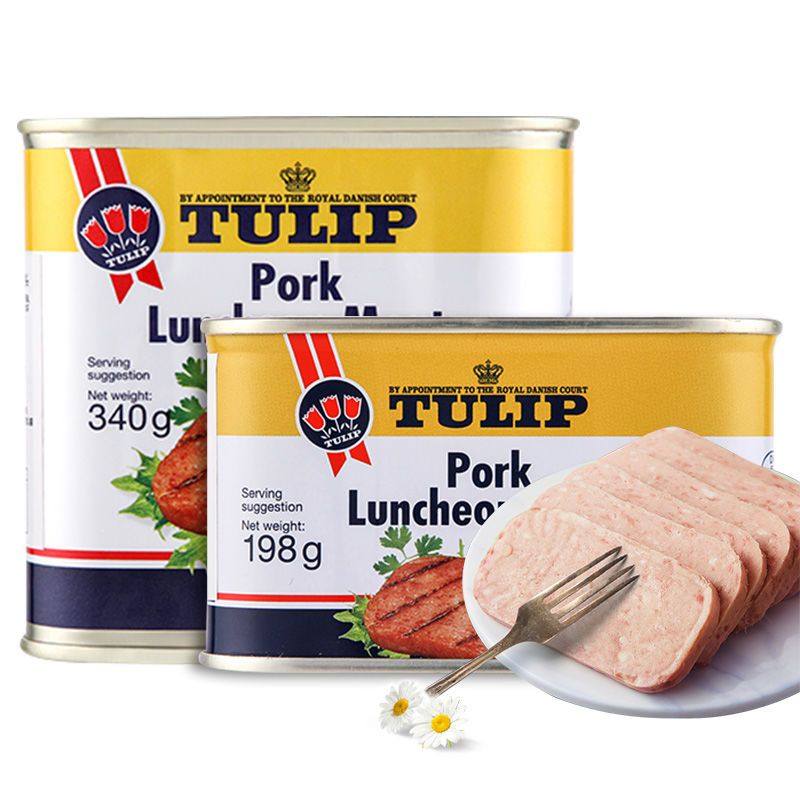 丹麦进口tulip郁金香猪肉午餐肉罐头户外即食下饭菜小白猪火腿肉