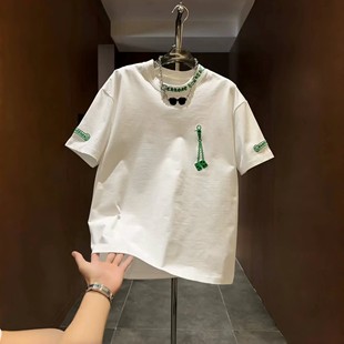 潮流时尚 2025夏季 T恤男士 潮牌字母刺绣短袖 休闲百搭圆领上衣 新款