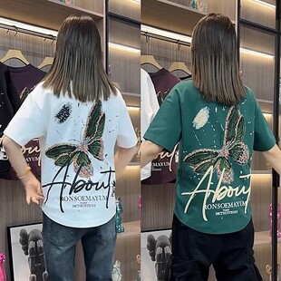 男女宽松百搭发泡印花燕尾半袖 彩绘蝴蝶潮流刺绣短袖 T恤 新款 夏季