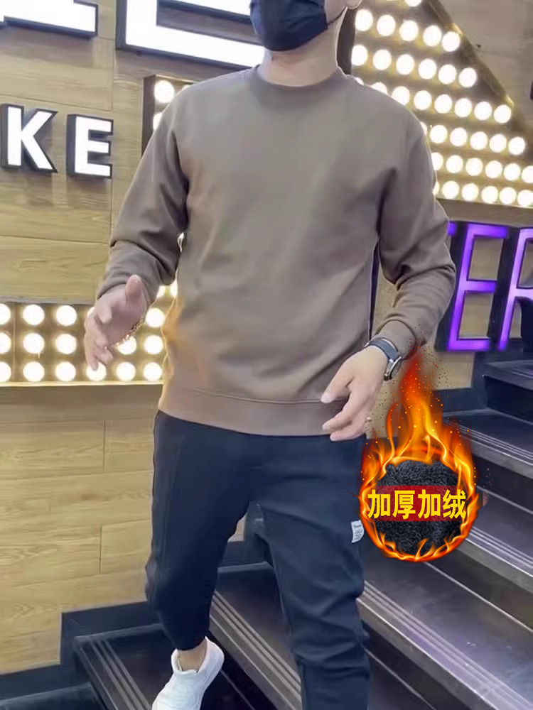 秋冬加绒纯色卫衣男圆领内搭上衣