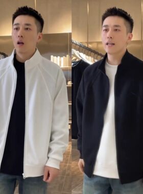 秋冬新款肌理感拉链立领外套男潮流宽松百搭休闲上衣纯色开衫夹克