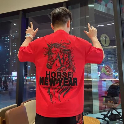 2026新款红色骏马印花短袖T恤男