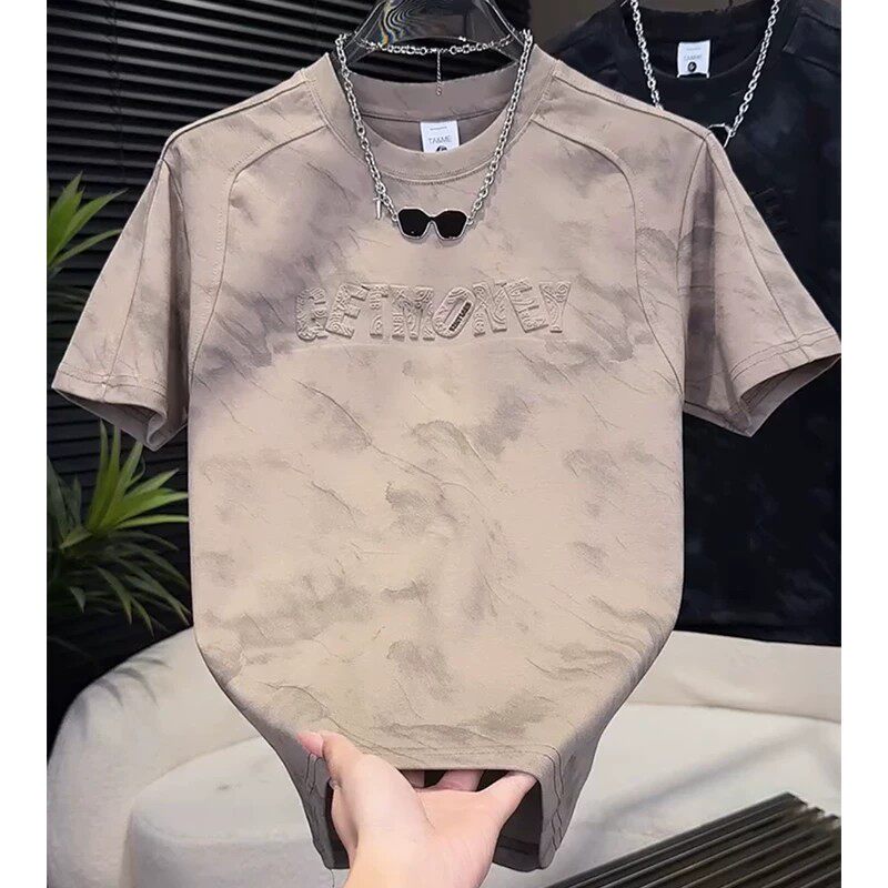 夏季轻奢扎染字母印花短袖T恤男图片