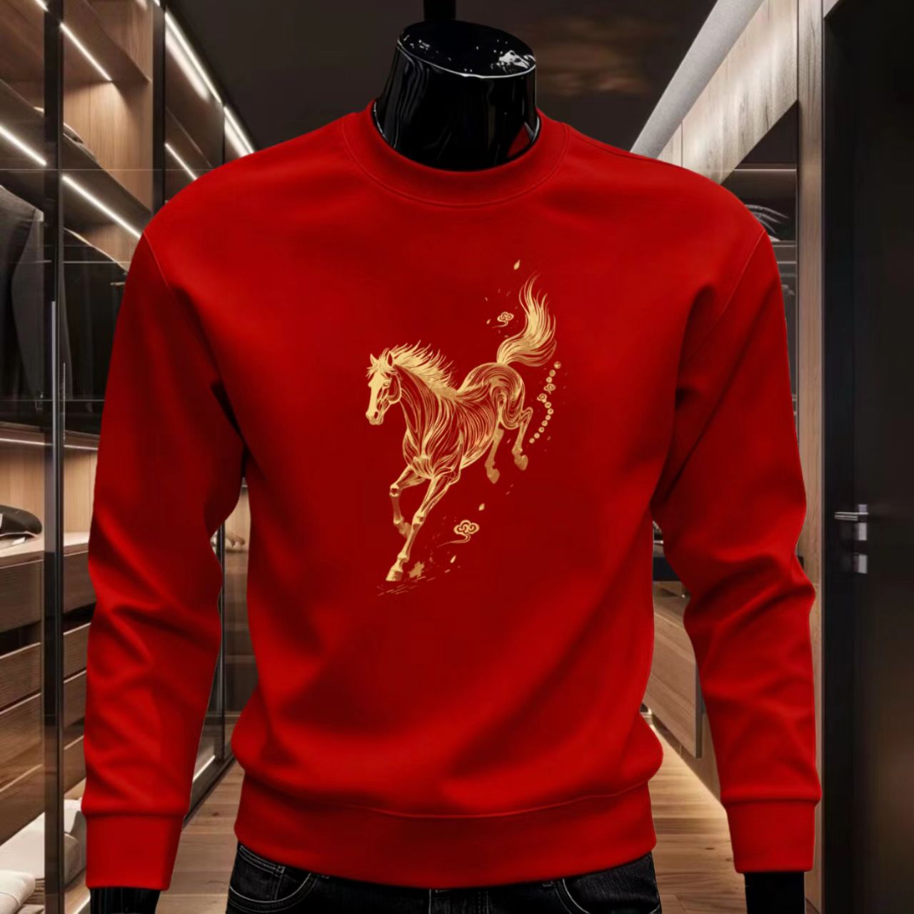 秋冬季个性马踏云圆领红色卫衣男