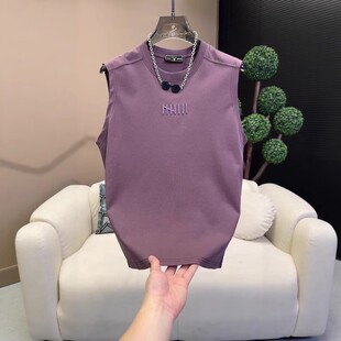 夏季新款简约刺绣无袖背心男士潮流时尚百搭休闲圆领坎肩T恤上衣