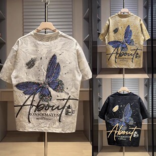 夏季新款立体发泡彩绘蝴蝶刺绣短袖T恤男士时尚复古印染半袖上衣