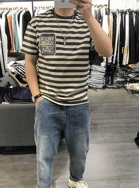 男士条纹短袖T恤个性弹力上衣潮