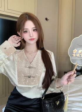 2026秋季新款亮片拼接长袖新中式国风气质时尚衬衫女名族风上衣女