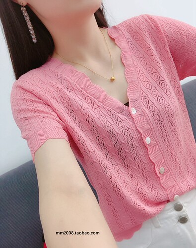 2026夏季新款短袖V领冰丝上衣时尚性感镂空针织开衫纯色百搭女薄T