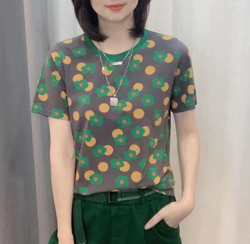 网红同款小花短袖t恤女2025夏季新款时尚百搭显瘦拼色体恤上衣潮T