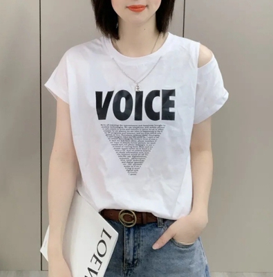 设计感链条露肩短袖T恤女2026夏新款时尚洋气百搭显瘦字母上衣潮