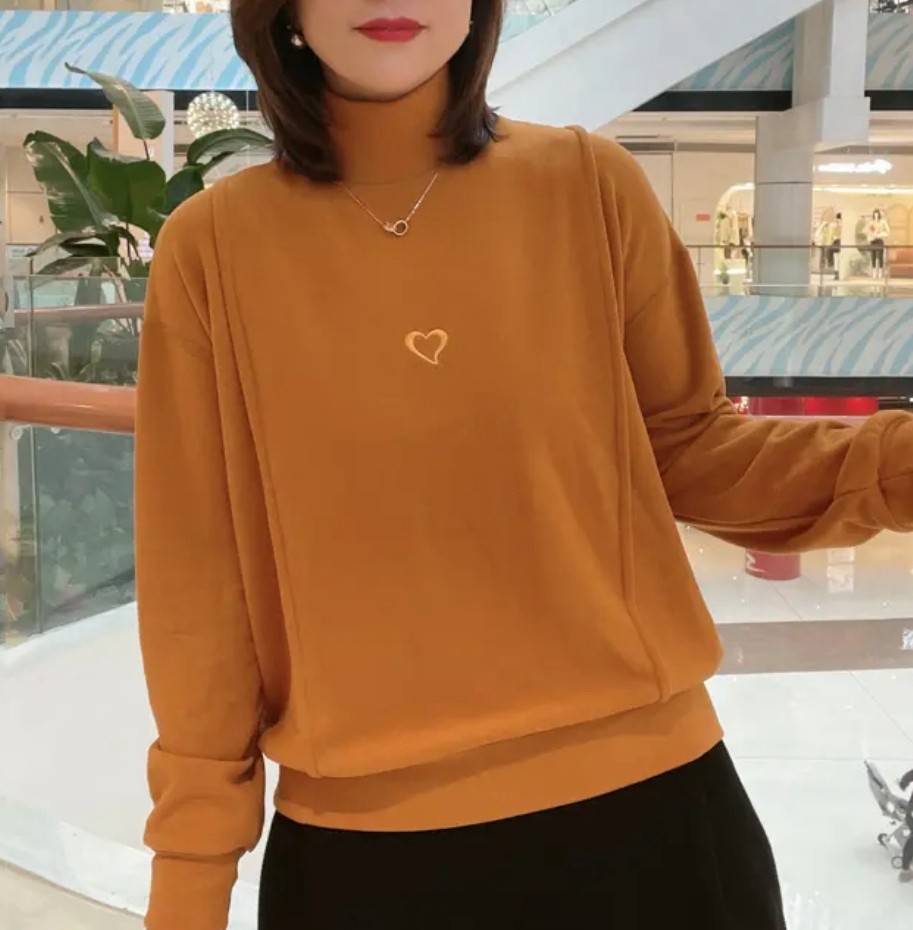 欧货双面德绒高领上衣打底衫女2025冬季新款百搭保暖爱心刺绣卫衣