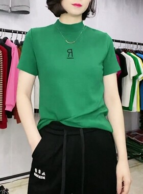 2026春夏新款R字母刺绣立领短袖T恤打底衫女修身显瘦百搭体恤上衣