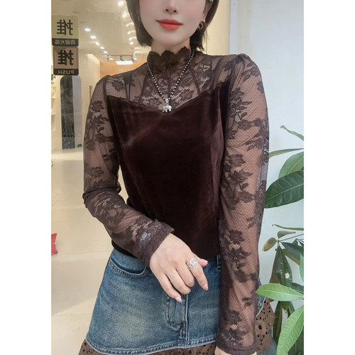 蕾丝拼接丝绒长袖T恤女上衣打底