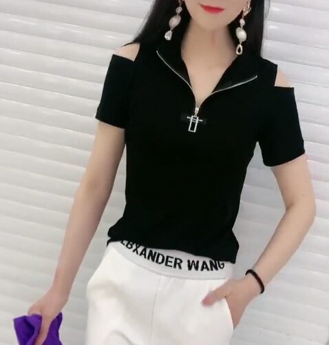 2026夏季新款短袖拉链T恤女修身显瘦百搭设计感小众露肩上衣小衫 - 封面
