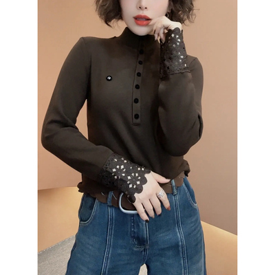 蕾丝长袖磨毛打底衫女内搭上衣潮