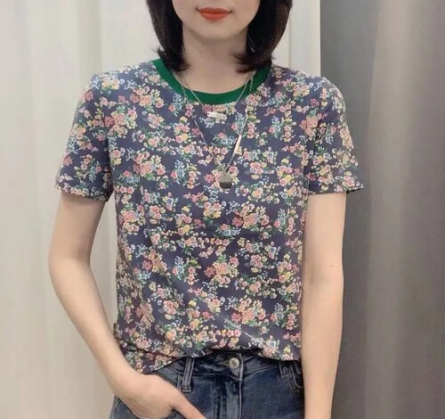 网红同款碎花短袖T恤女2026夏新款修身显瘦百搭花色体恤上衣小衫