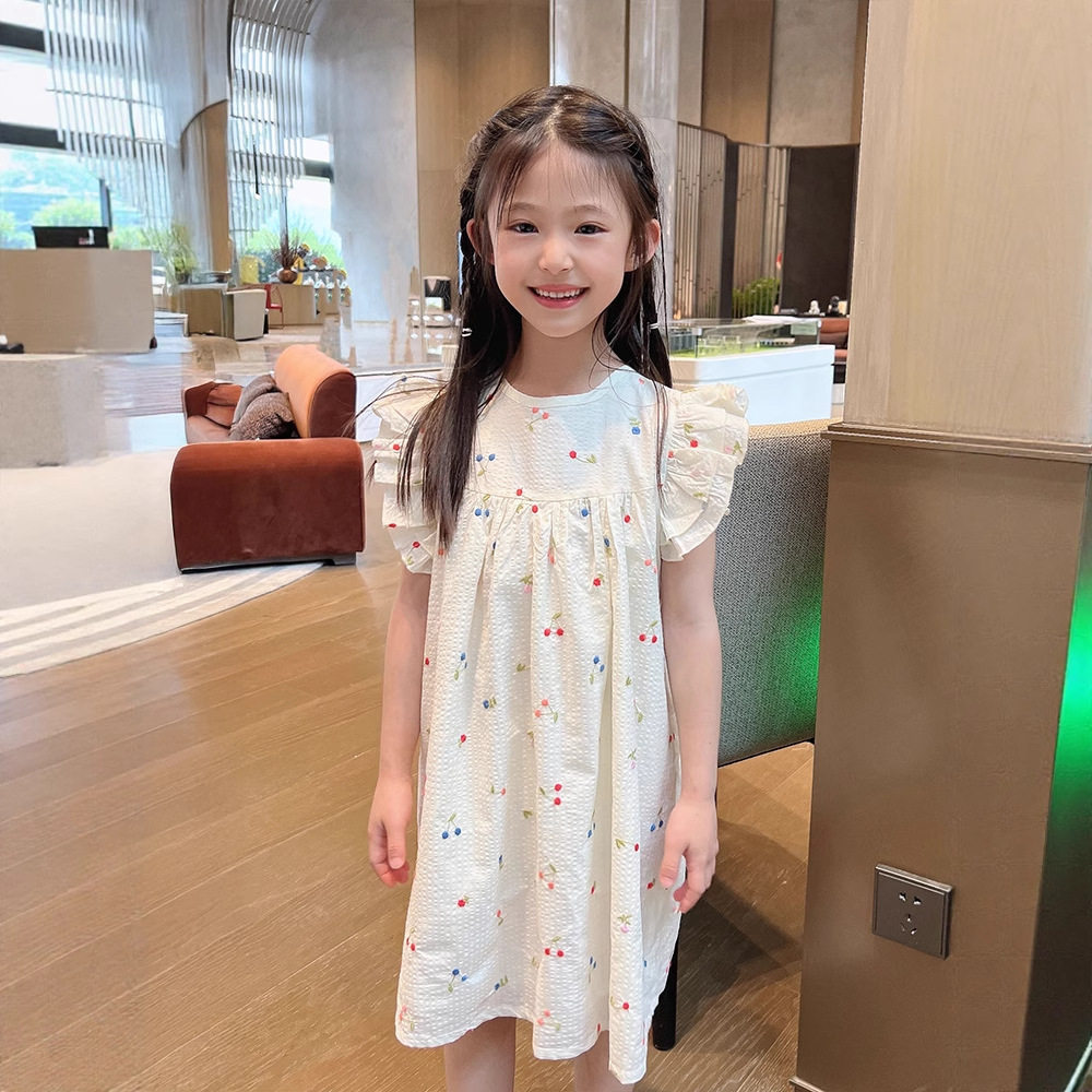 品牌女童新款连衣裙夏季泡泡棉樱桃绣花小飞袖甜美裙子洋气公主裙