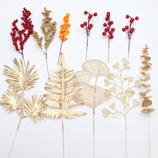 新年金色仿真花小枝扇叶尤加利年宵花环插花配件材料福桶插花配饰