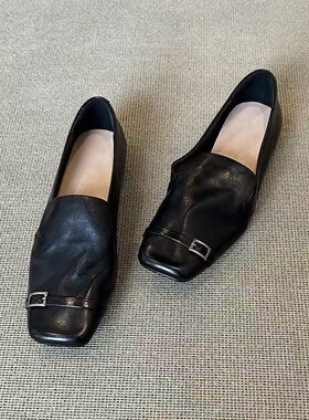 现货~复古英伦风真皮方头一脚蹬乐福鞋女设计感小众平底小皮鞋