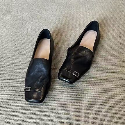 现货~复古英伦风真皮方头一脚蹬乐福鞋女设计感小众平底小皮鞋