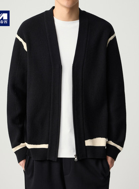 墨麦客时尚v领针织夹克男2025秋新款不规则线条撞色男士外套20536