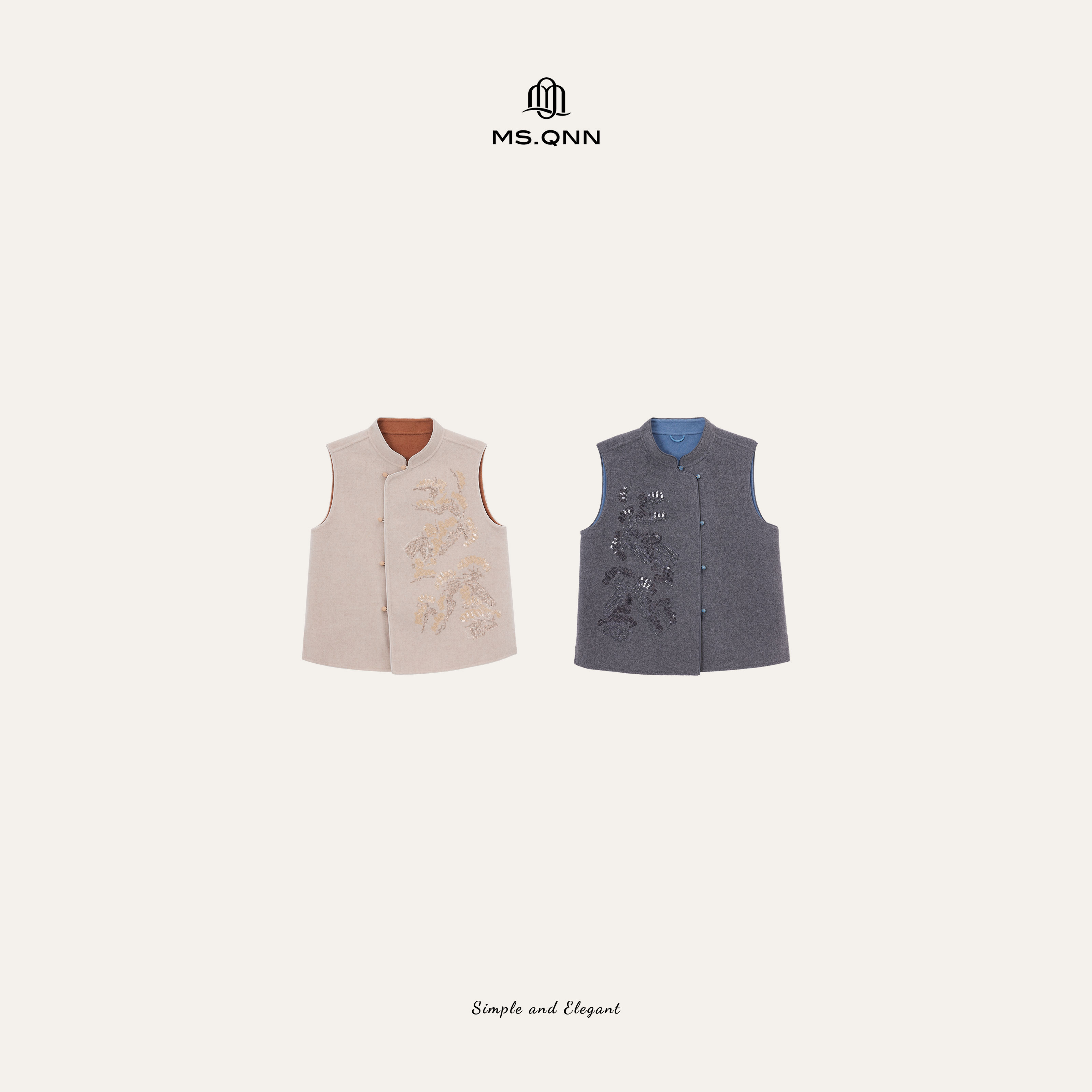 Q姐“浮光雅韵”羊绒羊毛异色双面呢重工刺绣马甲 52C193