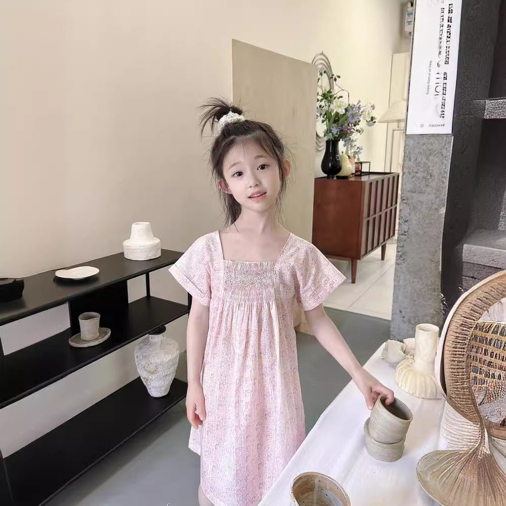 品牌童装2025夏季新女童纯棉连衣裙宝宝一字肩碎花裙凉快薄连衣裙