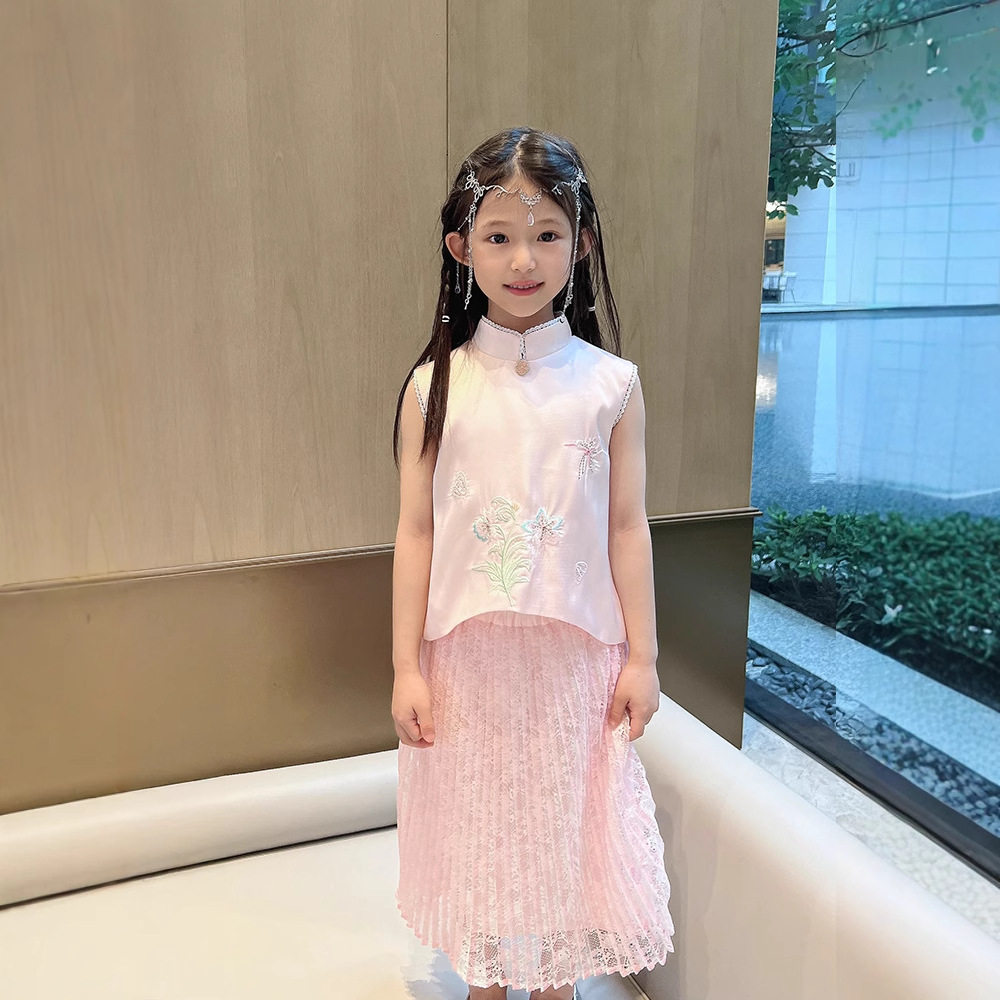 品牌女童新中式唐装夏装新款旗袍女孩中国风无袖背心+半身裙套装