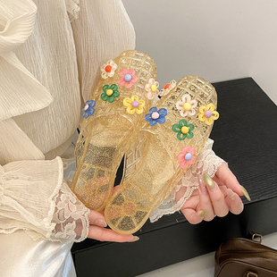 新款女士水晶拖鞋平底透明外穿花果冻高级感家居包头防滑半拖凉鞋