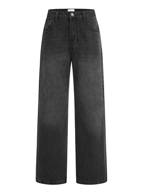 HOOCHEER赫奢意大利candiani进口石磨水洗碳黑色宽松直筒牛仔长裤