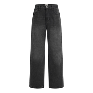 HOOCHEER赫奢意大利candiani进口石磨水洗碳黑色宽松直筒牛仔长裤