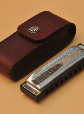 手工十孔蓝调口琴真皮头层牛皮收纳包布鲁斯口琴牛皮套腰挂磁扣包