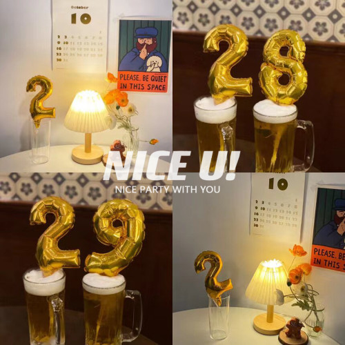 ins迷你铝膜数字气球蛋糕装饰插牌自充气生日聚会拍照装饰气球