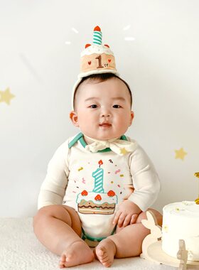 ins风韩版婴儿宝宝1岁100天生日帽哈衣宝宝纯棉三角爬生日造型衣