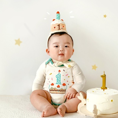 ins风韩版婴儿宝宝1岁100天生日帽哈衣宝宝纯棉三角爬生日造型衣